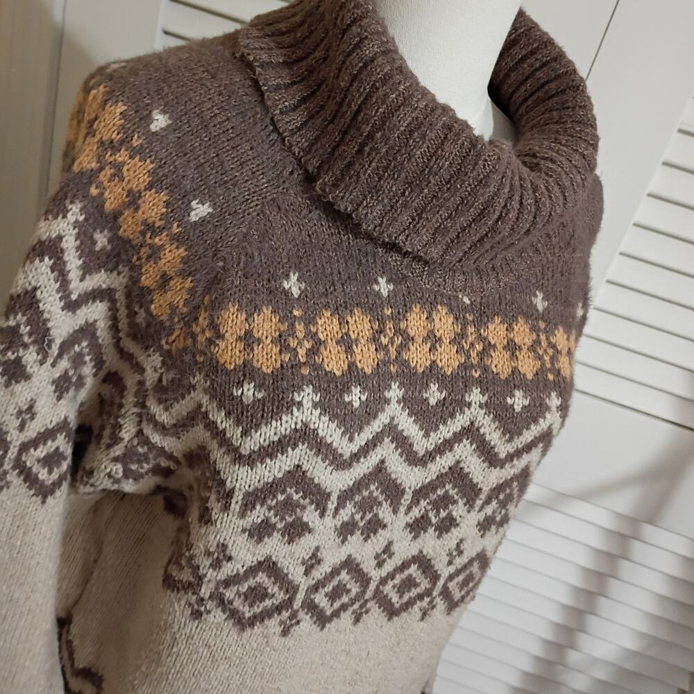 Becool Women's Fair Isle  M/L Cream/Taupe Cowl Neck Ski Style Tunic Sweater